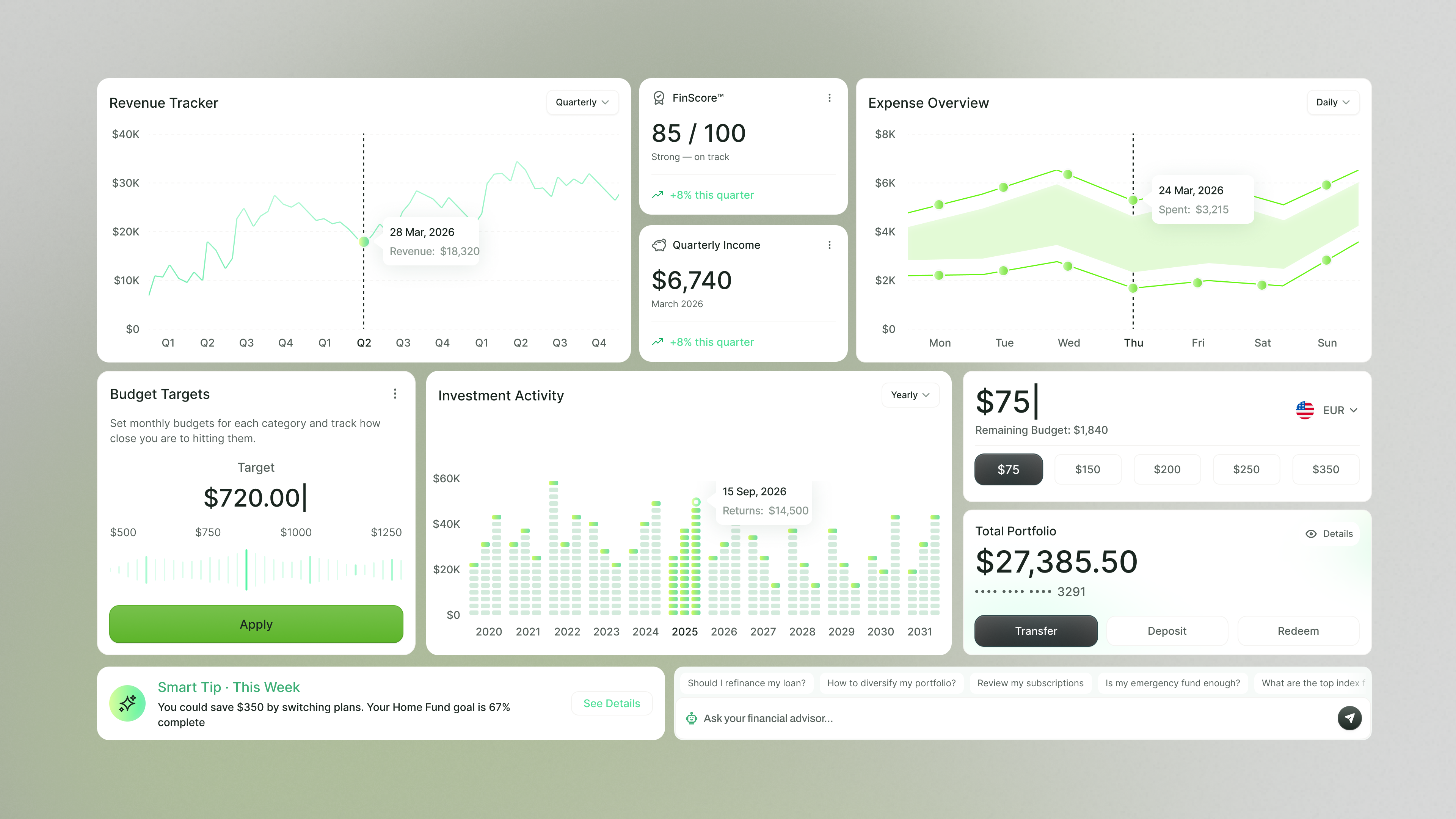 Personal finance dashboard with revenue, expenses, budgets, investments, and portfolio analytics