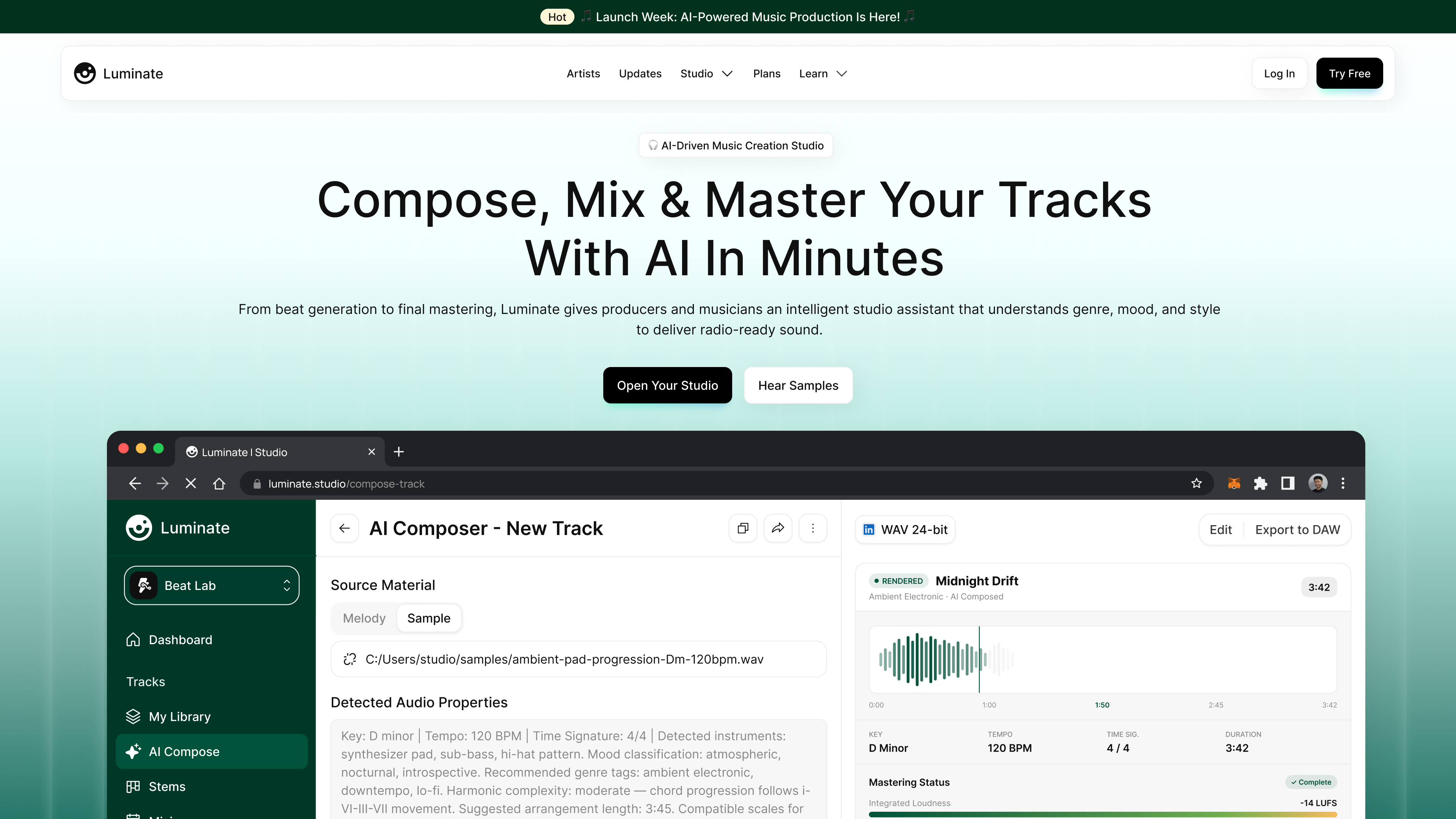 Luminate AI music production landing page and composer workspace