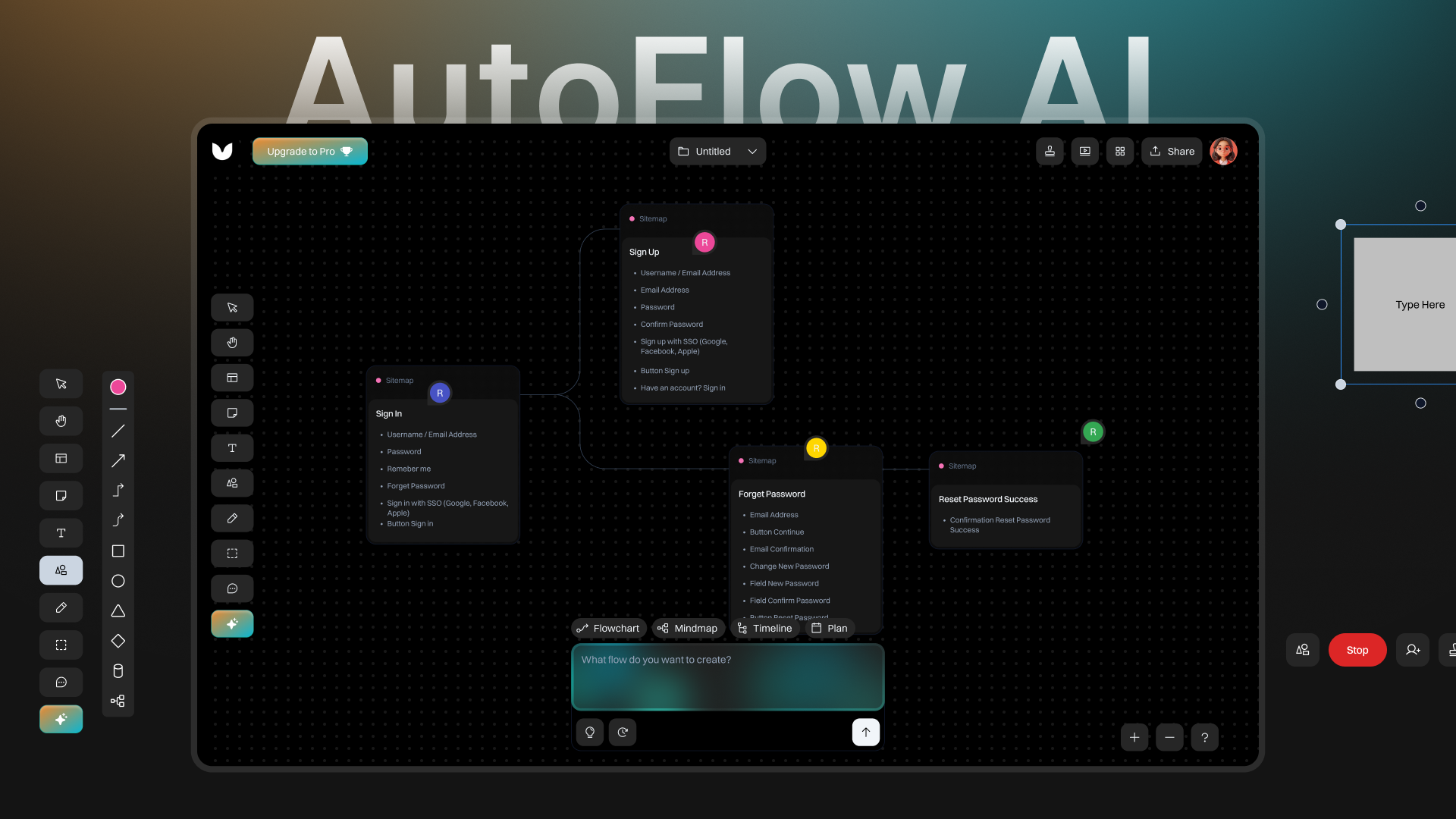 AutoFlow AI visual workflow canvas with flowchart tools, collaboration controls, and presentation mode