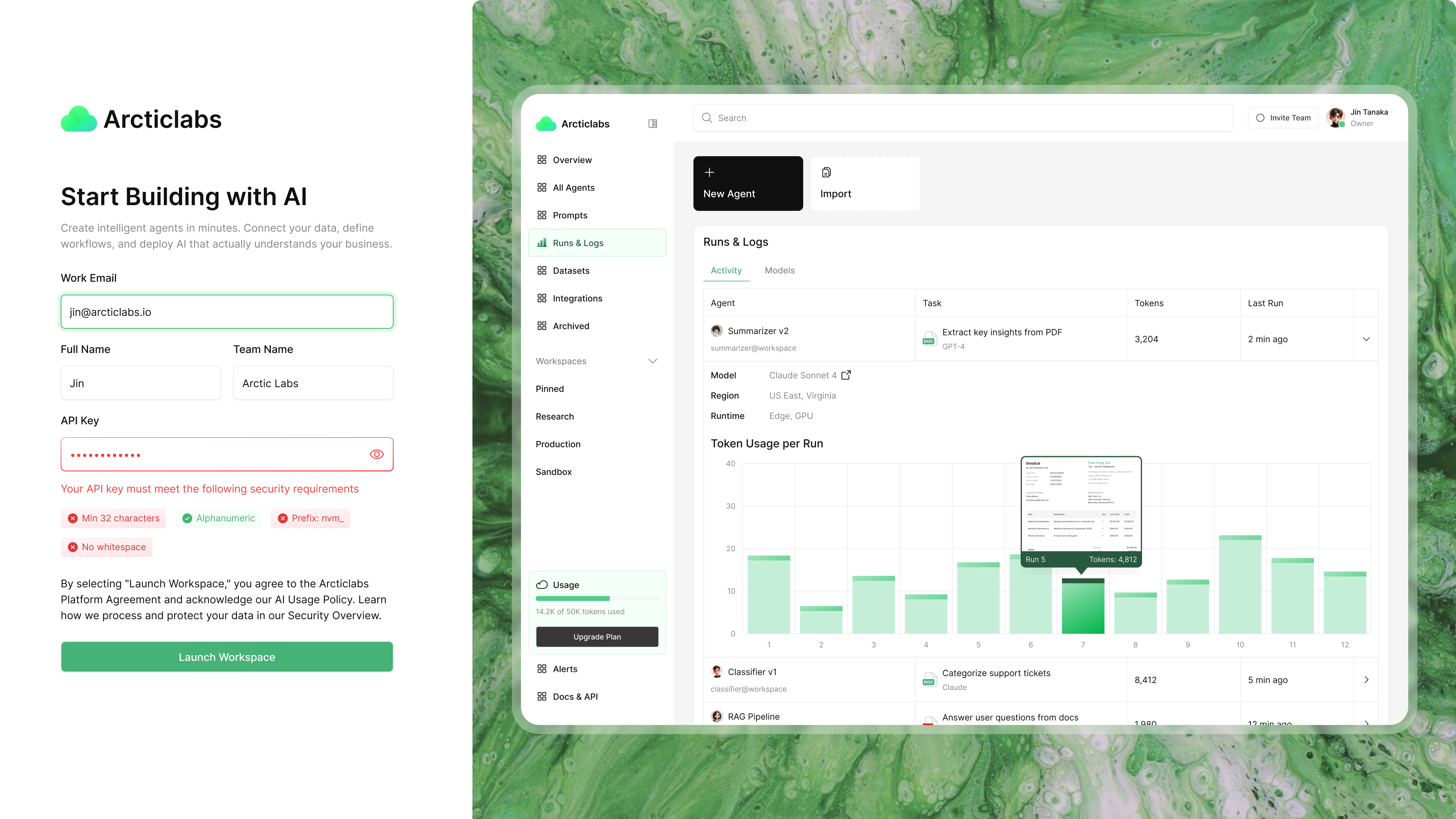 Arcticlabs AI agent platform showing workspace onboarding, agent runs, token usage, datasets, integrations, and operational logs