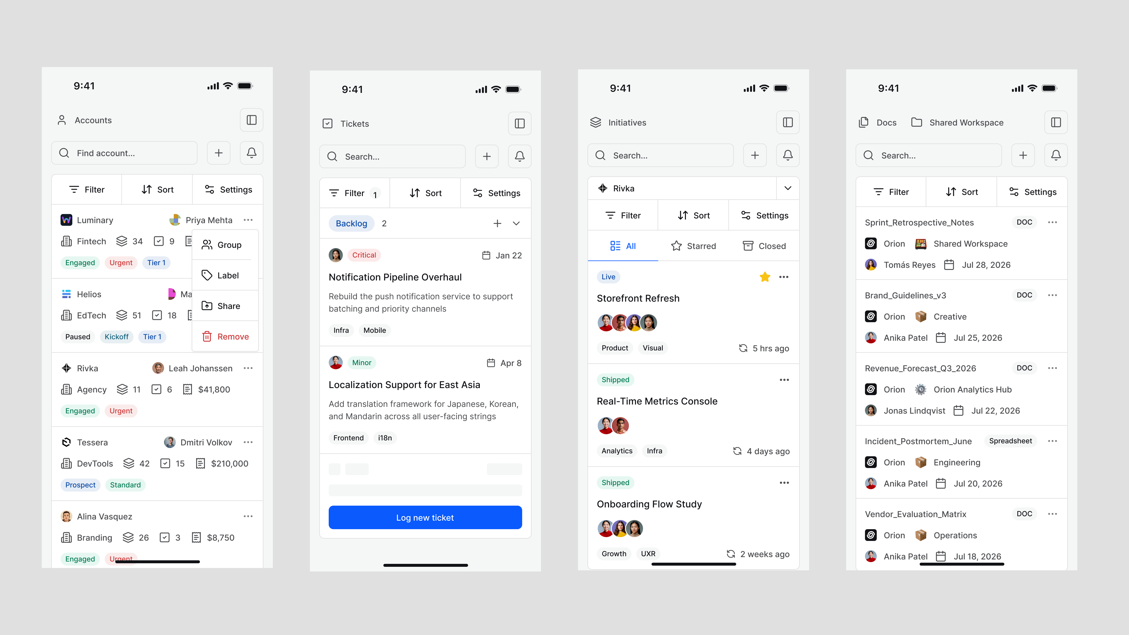 Mobile enterprise workspace screens for accounts, tickets, initiatives, documents, and shared collaboration