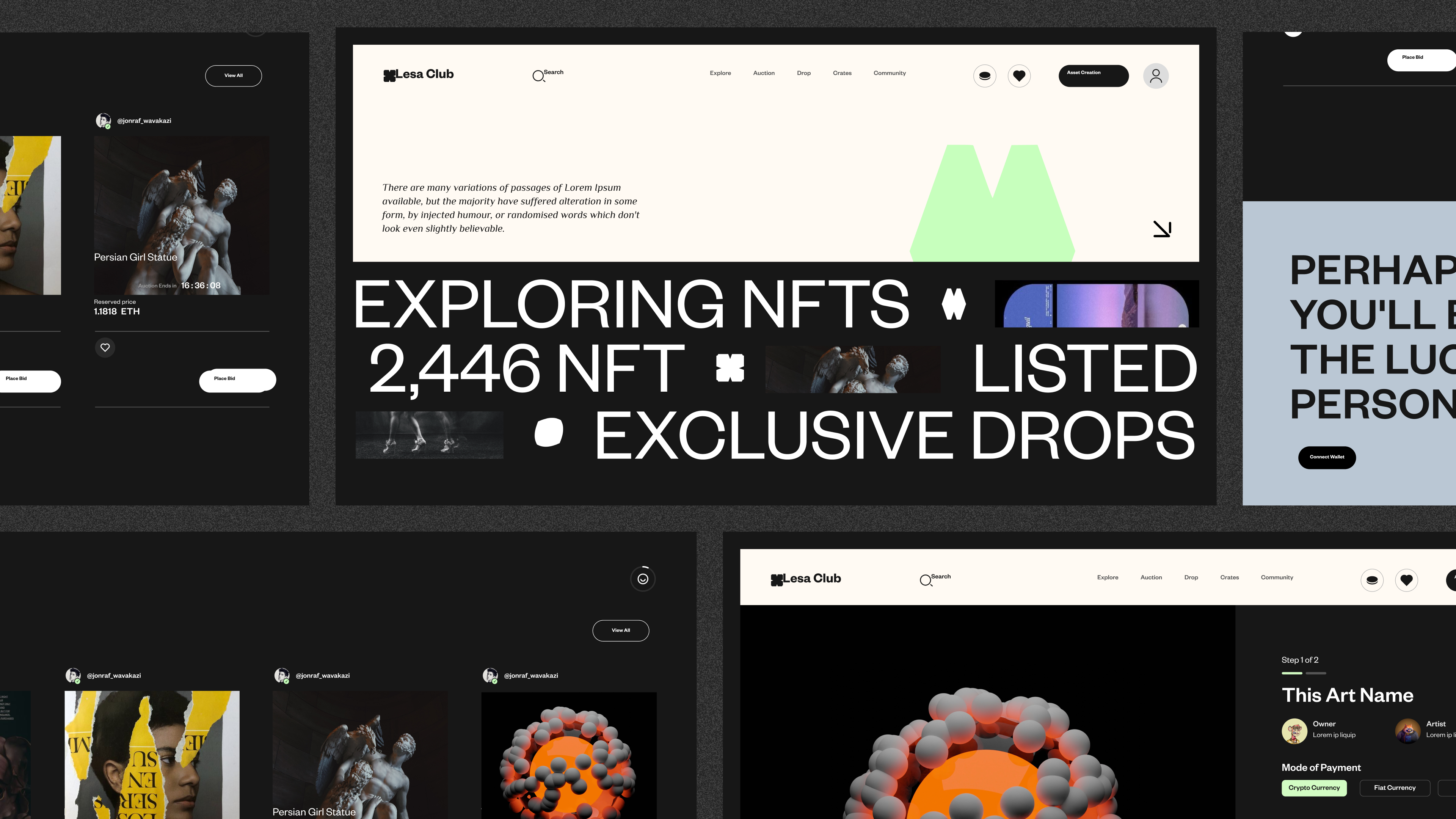 Editorial NFT marketplace interface with discovery, auctions, exclusive drops, wallet connection, and asset purchasing