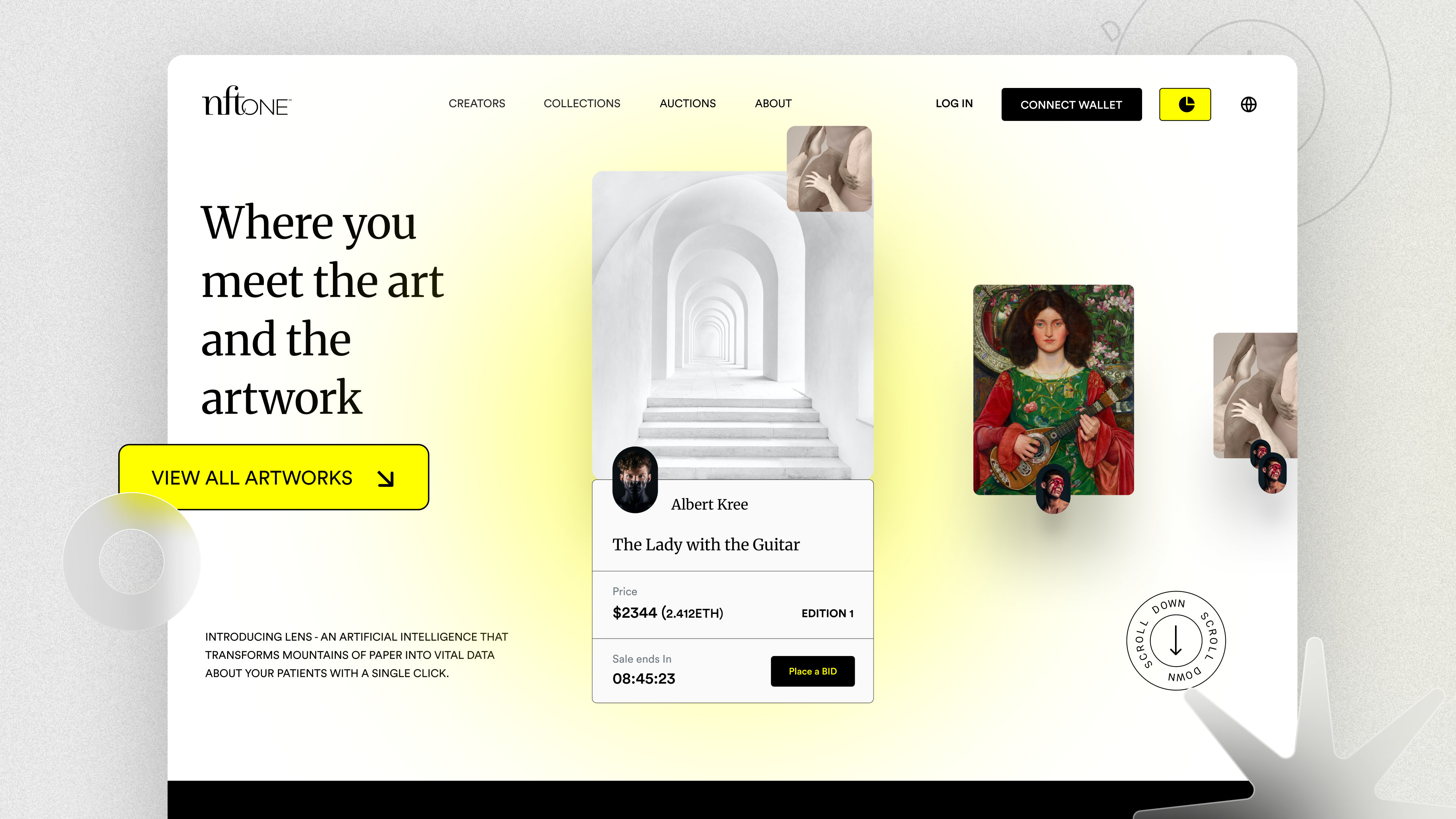 NFT One editorial artwork marketplace landing page with creator profiles, auctions, wallet connection, and bidding
