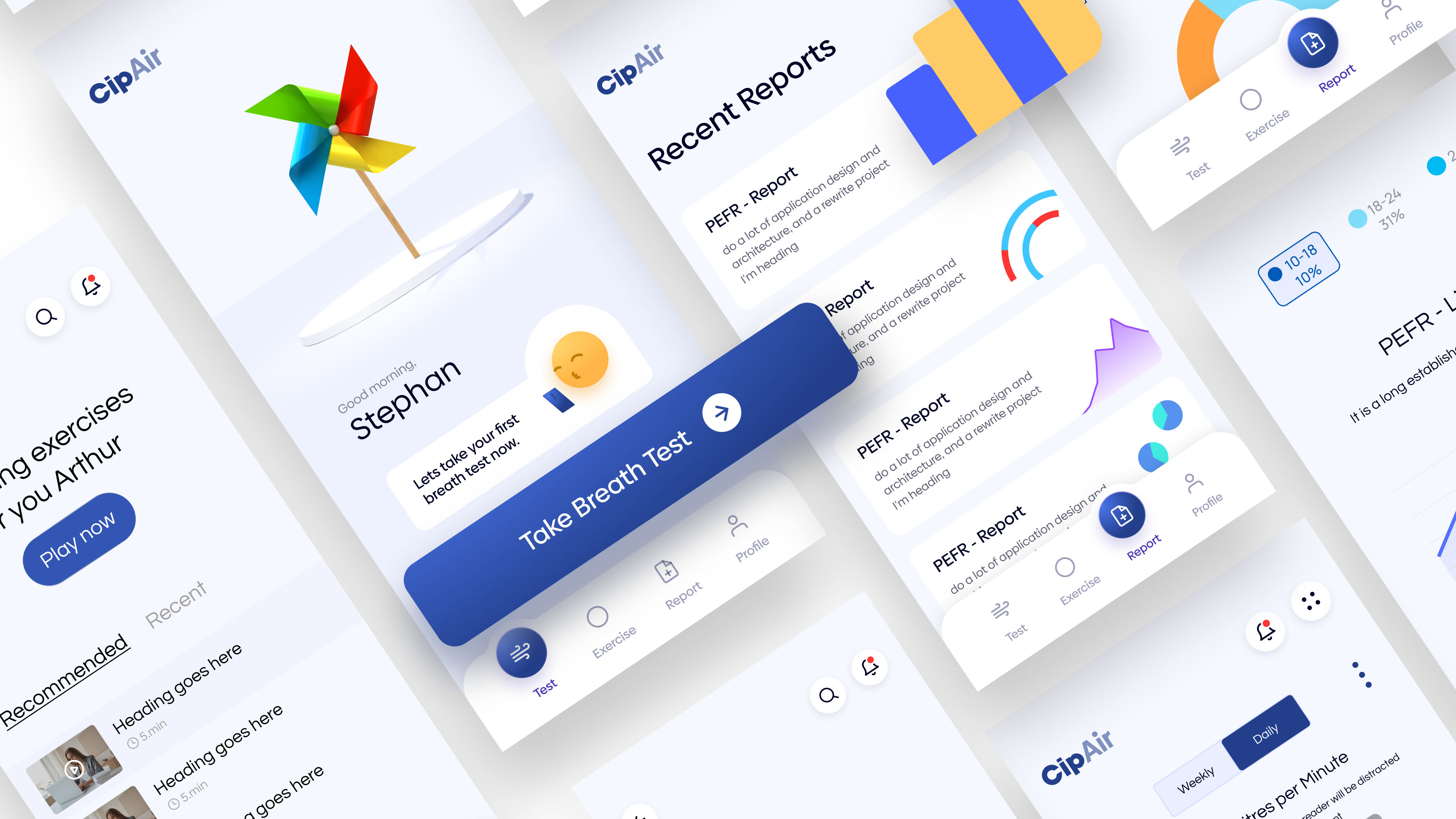 CipAir mobile respiratory health experience with breathing exercises, breath tests, reports, and analytics