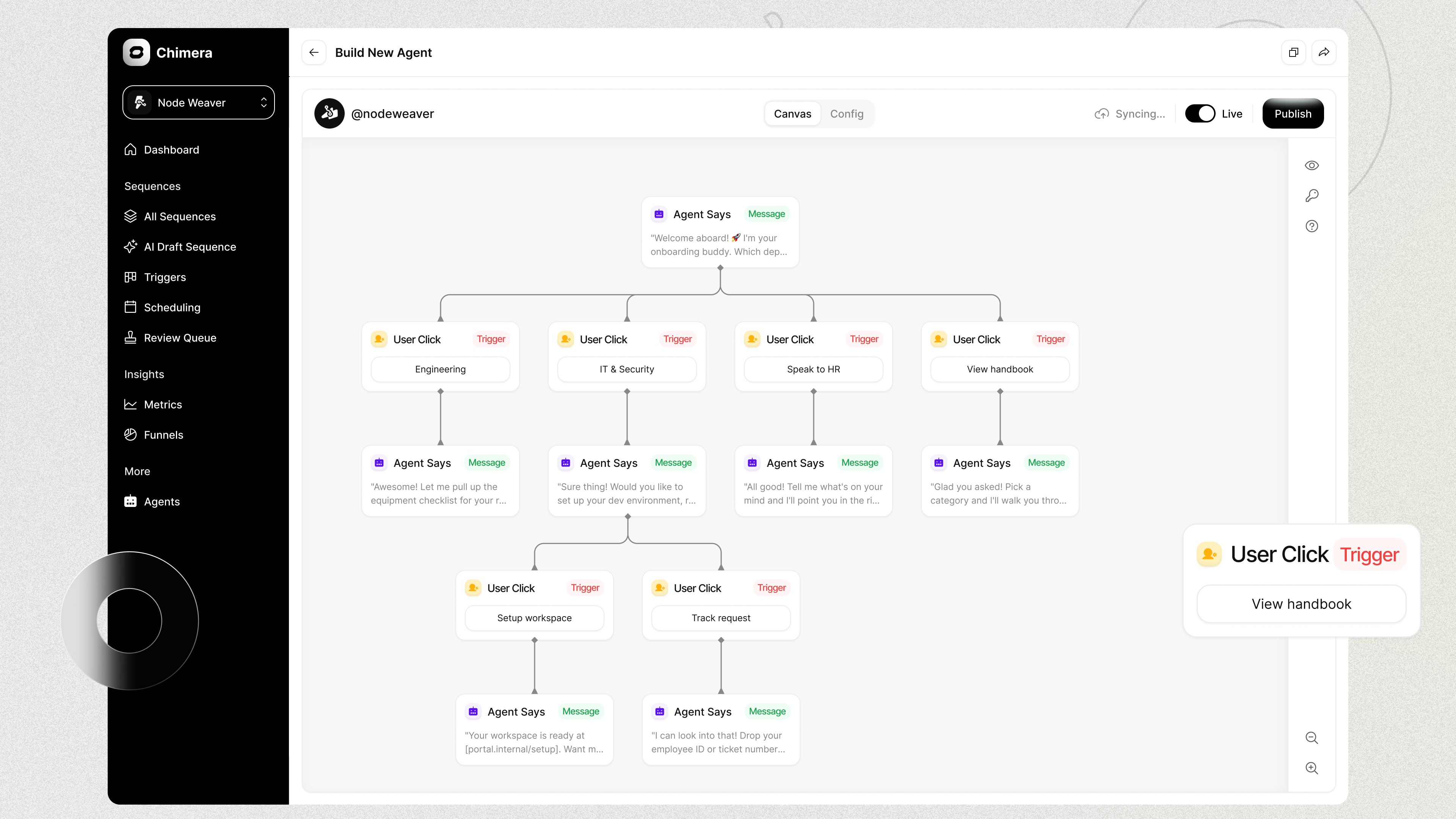 Chimera visual AI agent builder with branching onboarding flows, triggers, messages, scheduling, and publishing controls