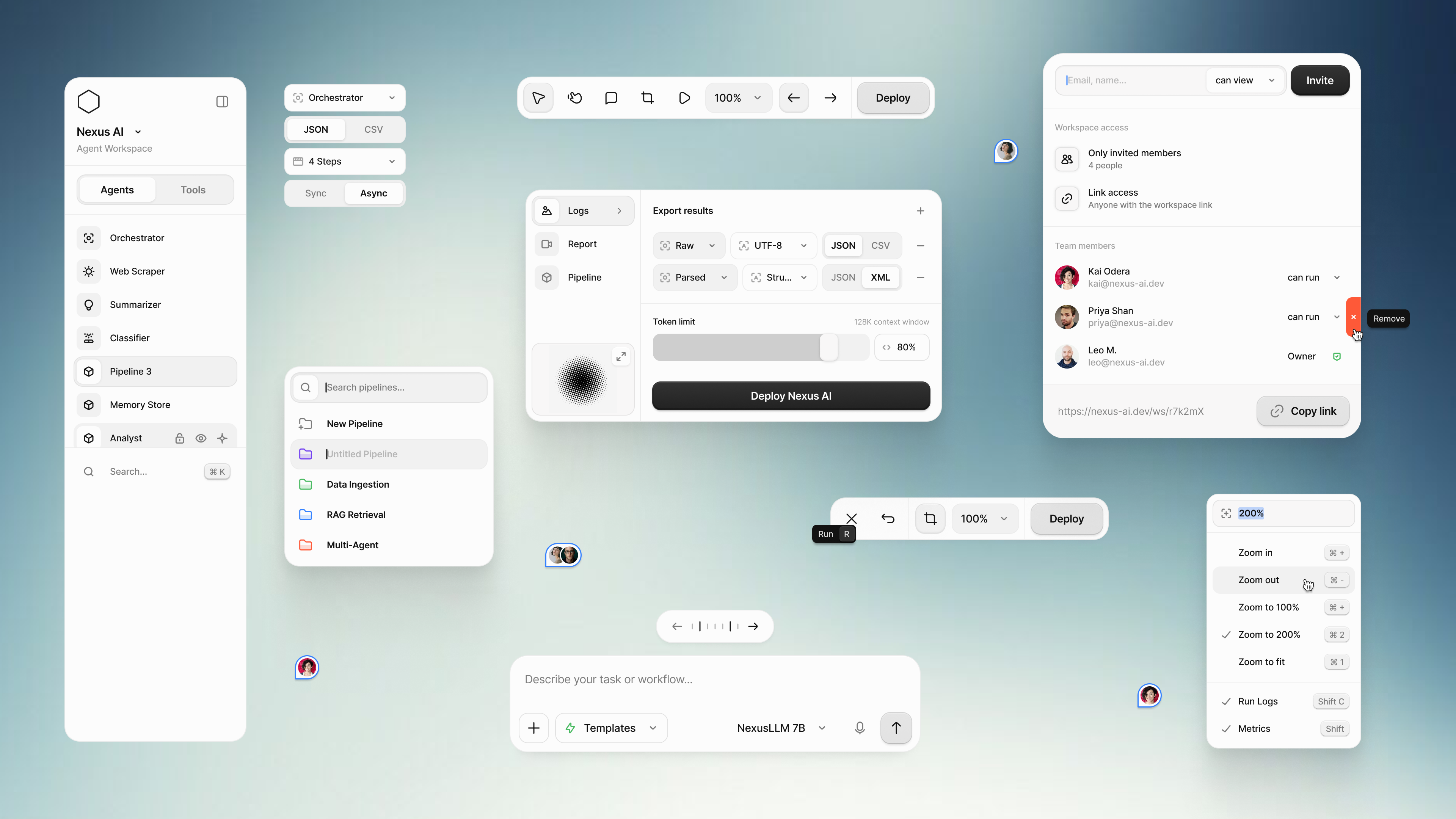 Nexus AI collaborative agent workspace with orchestration controls, pipelines, export settings, team access, and natural-language task input