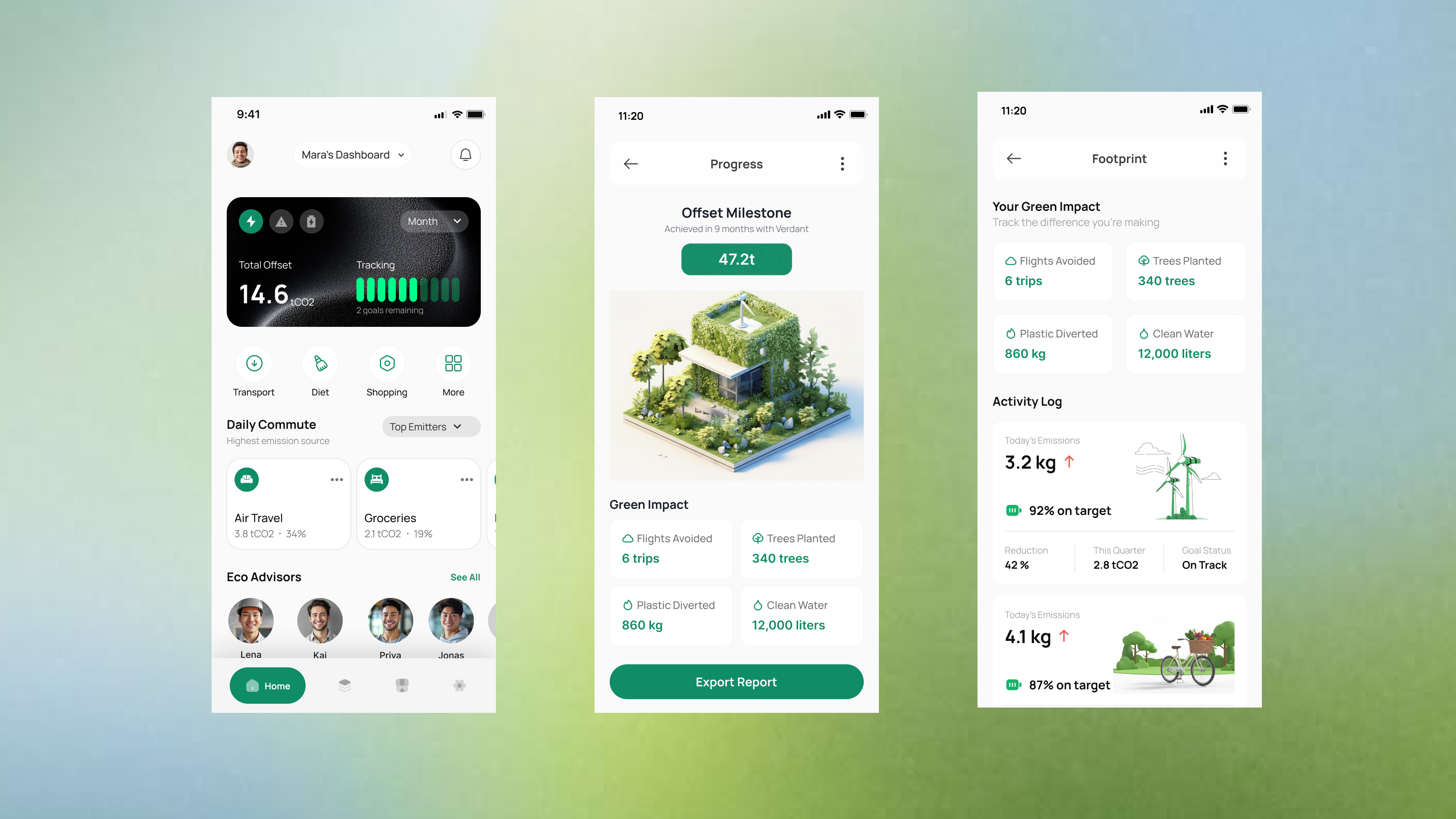 Mobile sustainability application showing carbon tracking, offset milestones, green impact metrics, and environmental activity reports